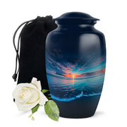 Royal Blue Beach Cremation Urn angled view of lid and engraved motif - traditional beach engraving with hand-polished finish - full-size 10 inch 200 cubic inch adult cremation urn