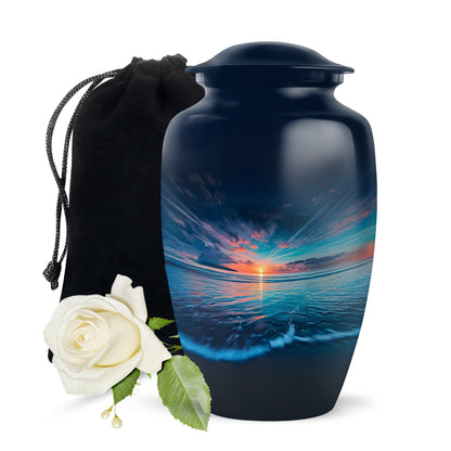Royal Blue Beach Cremation Urn angled view of lid and engraved motif - traditional beach engraving with hand-polished finish - full-size 10 inch 200 cubic inch adult cremation urn