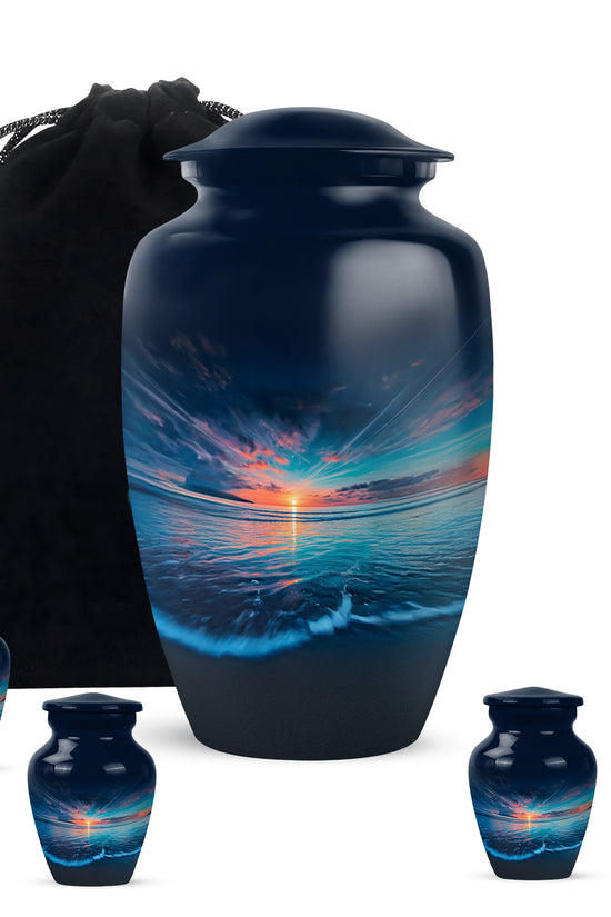 Powder Blue Beach Cremation Urn top-down view of secure threaded lid - timeless beach motif etched into premium metal - memorial set with one large and four small urns