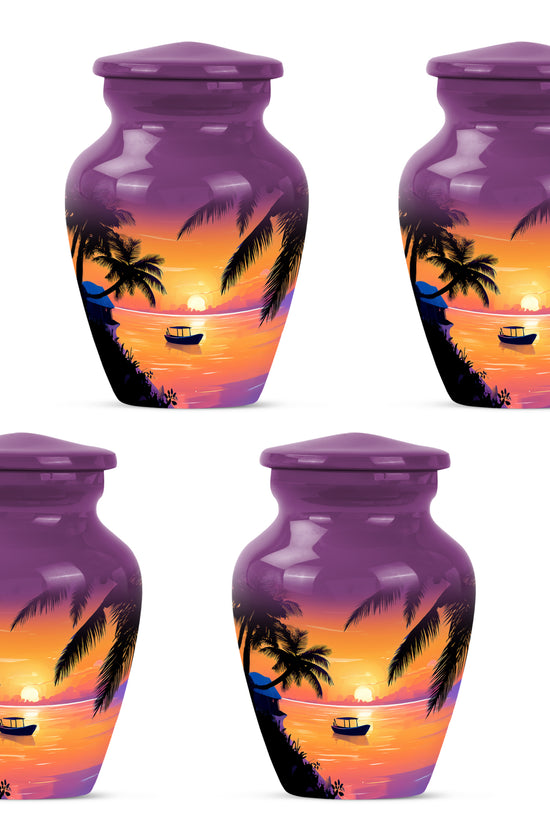 Peony Pink Beach Cremation Urn side profile showing urn shape - classic sculpted beach pattern on smooth aluminum - 10 inch aluminum urn for cremated remains