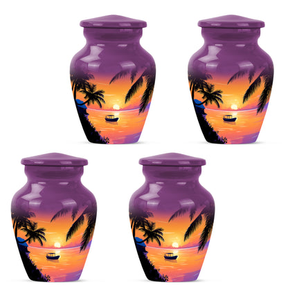 Peony Pink Beach Cremation Urn side profile showing urn shape - classic sculpted beach pattern on smooth aluminum - 10 inch aluminum urn for cremated remains