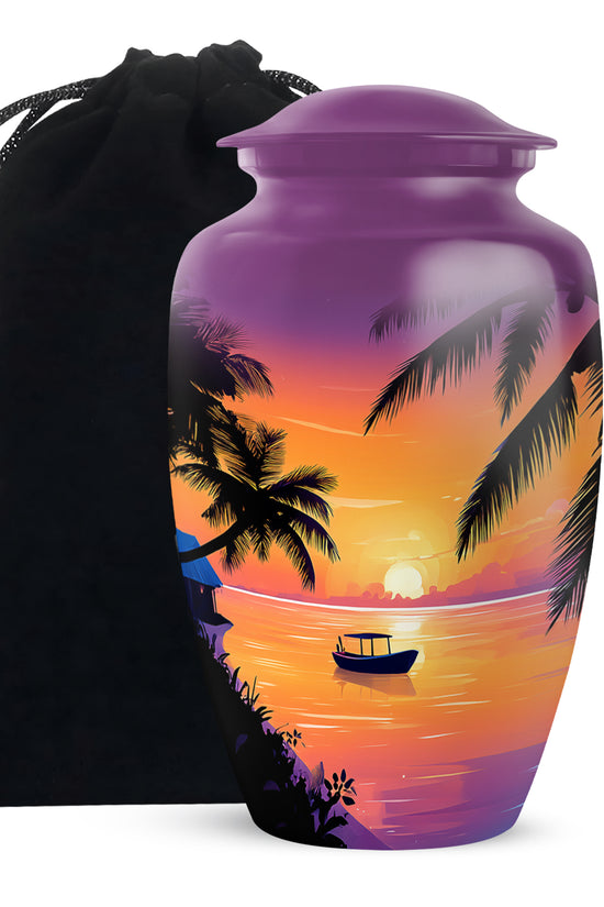 Blush Pink Beach Cremation Urn angled view of lid and engraved motif - classic sculpted beach pattern on smooth aluminum - full-size 10 inch 200 cubic inch adult cremation urn