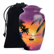 Blush Pink Beach Cremation Urn angled view of lid and engraved motif - classic sculpted beach pattern on smooth aluminum - full-size 10 inch 200 cubic inch adult cremation urn