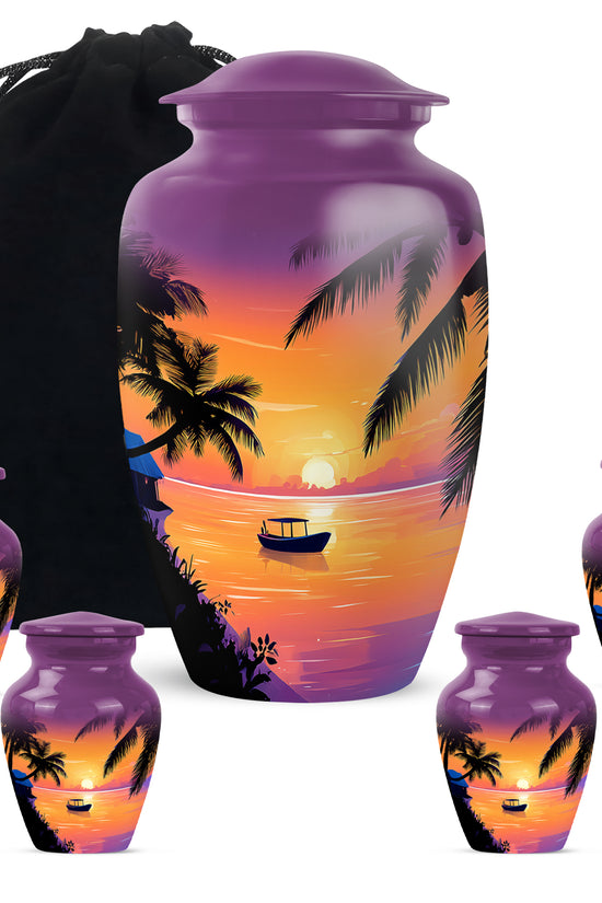 Peony Pink Beach Cremation Urn top-down view of secure threaded lid - timeless beach motif etched into premium metal - memorial set with one large and four small urns