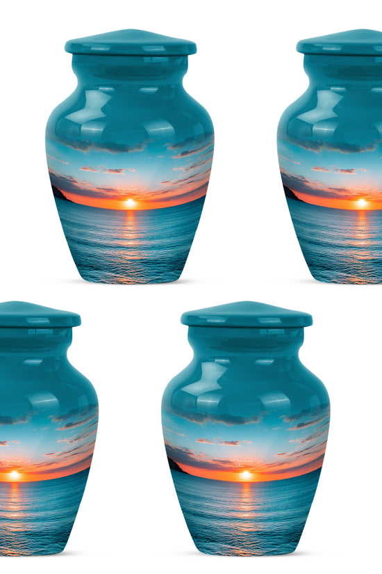 Jewel Teal Beach Cremation Urn side profile showing urn shape - classic sculpted beach pattern on smooth aluminum - 10 inch aluminum urn for cremated remains