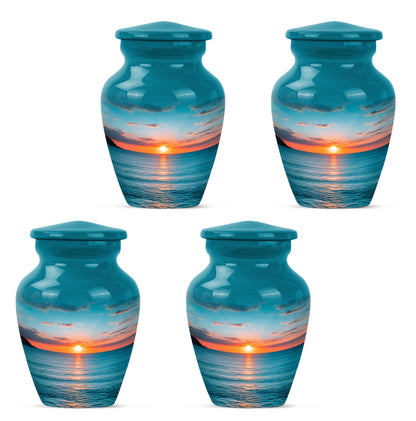 Jewel Teal Beach Cremation Urn side profile showing urn shape - classic sculpted beach pattern on smooth aluminum - 10 inch aluminum urn for cremated remains