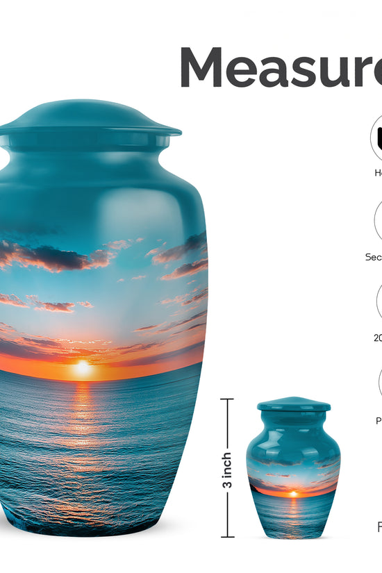 Ocean Teal Beach Cremation Urn close-up of engraving and surface detail - classic sculpted beach pattern on smooth aluminum - mini keepsake memorial for portion of cremation ashes