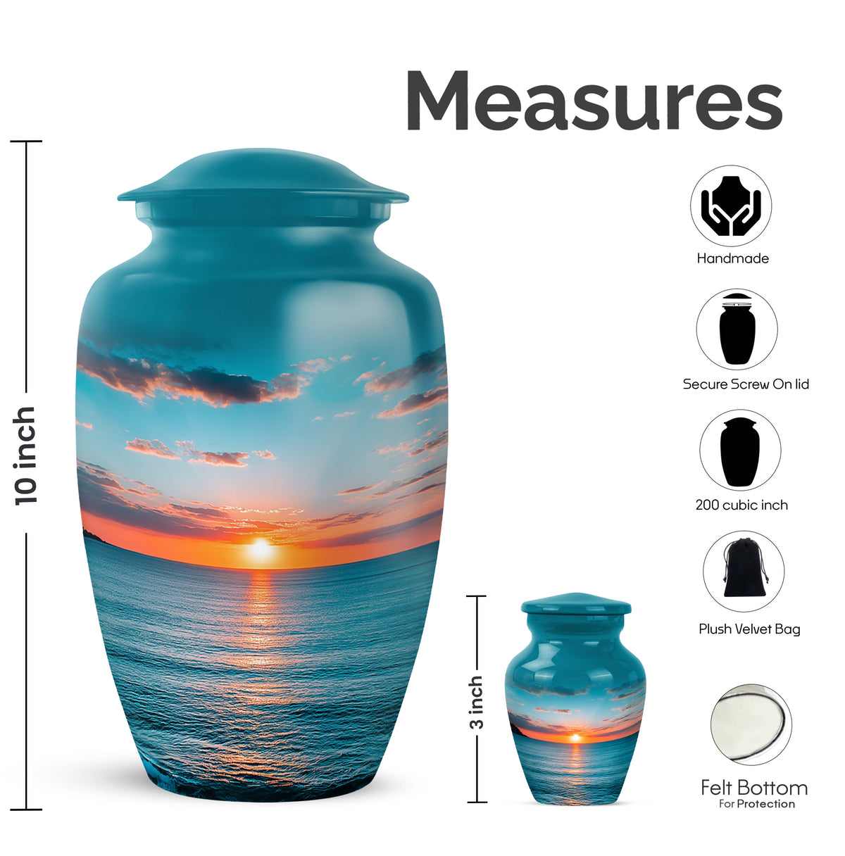 Ocean Teal Beach Cremation Urn close-up of engraving and surface detail - classic sculpted beach pattern on smooth aluminum - mini keepsake memorial for portion of cremation ashes
