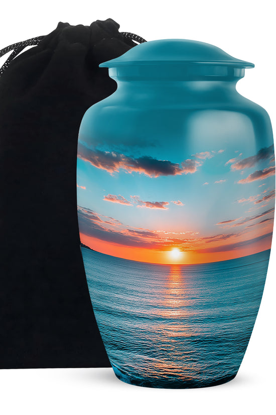 Ocean Teal Beach Cremation Urn angled view of lid and engraved motif - classic sculpted beach pattern on smooth aluminum - full-size 10 inch 200 cubic inch adult cremation urn