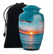 Ocean Teal Beach Cremation Urn angled view of lid and engraved motif - classic sculpted beach pattern on smooth aluminum - full-size 10 inch 200 cubic inch adult cremation urn