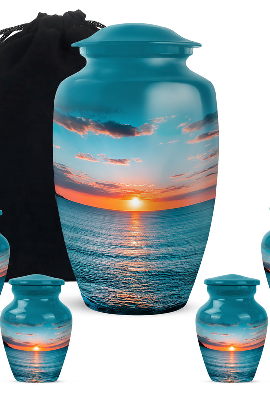 Mystic Teal Beach Cremation Urn top-down view of secure threaded lid - traditional beach engraving with hand-polished finish - memorial set with one large and four small urns