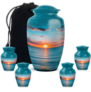 Mystic Teal Beach Cremation Urn top-down view of secure threaded lid - traditional beach engraving with hand-polished finish - memorial set with one large and four small urns