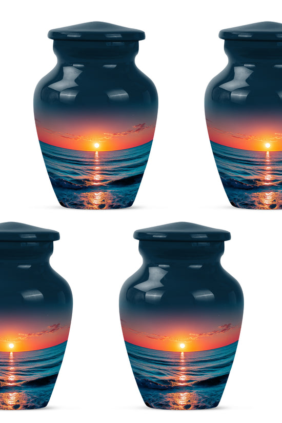 Cobalt Blue Beach Cremation Urn side profile showing urn shape - elegant classic beach relief with fine detailing - 10 inch aluminum urn for cremated remains