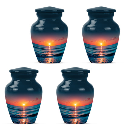 Cobalt Blue Beach Cremation Urn side profile showing urn shape - elegant classic beach relief with fine detailing - 10 inch aluminum urn for cremated remains