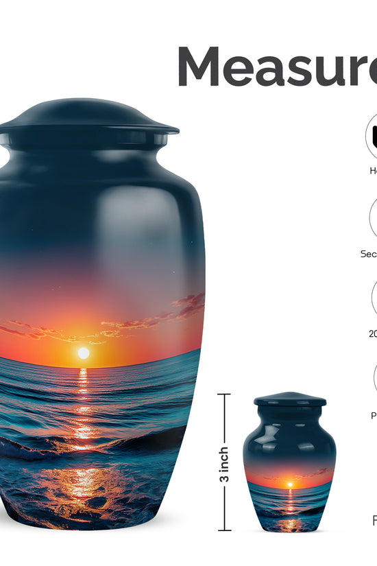 Misty Blue Beach Cremation Urn close-up of engraving and surface detail - classic sculpted beach pattern on smooth aluminum - mini keepsake memorial for portion of cremation ashes