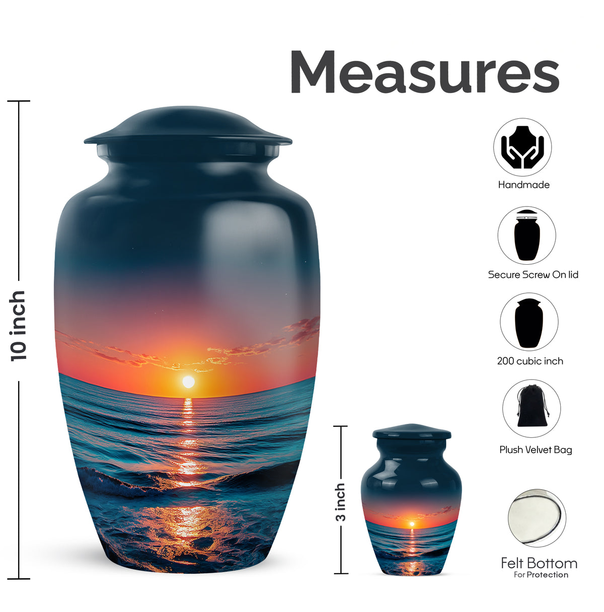 Misty Blue Beach Cremation Urn close-up of engraving and surface detail - classic sculpted beach pattern on smooth aluminum - mini keepsake memorial for portion of cremation ashes
