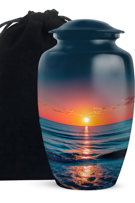 Icy Blue Beach Cremation Urn angled view of lid and engraved motif - timeless beach motif etched into premium metal - full-size 10 inch 200 cubic inch adult cremation urn