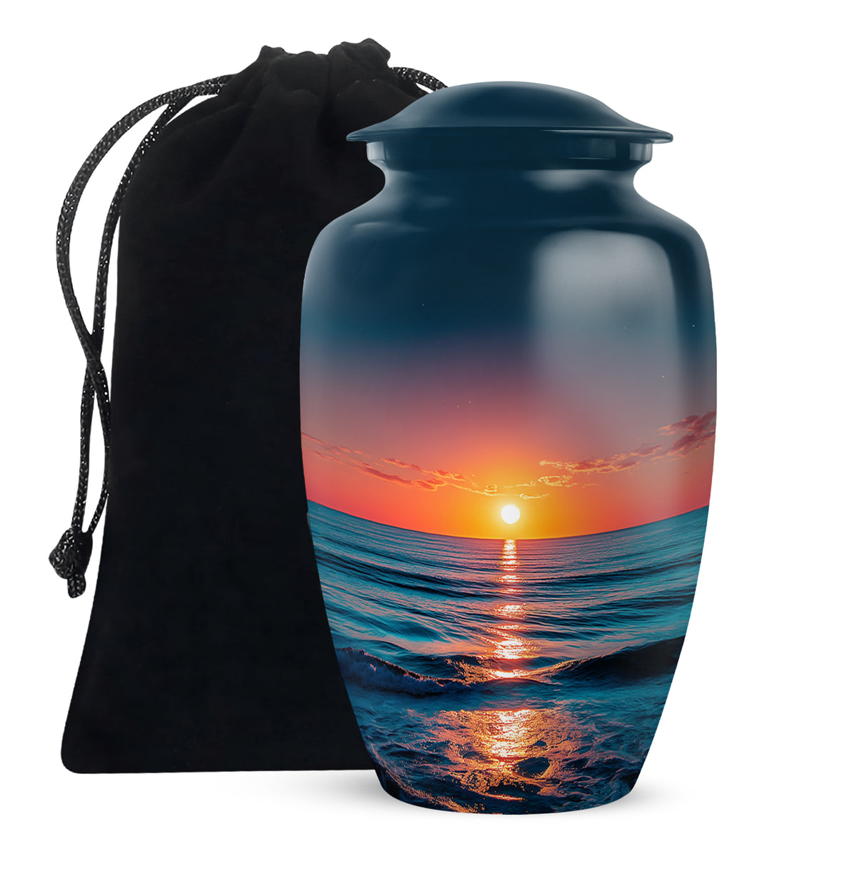 Icy Blue Beach Cremation Urn angled view of lid and engraved motif - timeless beach motif etched into premium metal - full-size 10 inch 200 cubic inch adult cremation urn