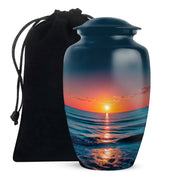 Icy Blue Beach Cremation Urn angled view of lid and engraved motif - timeless beach motif etched into premium metal - full-size 10 inch 200 cubic inch adult cremation urn