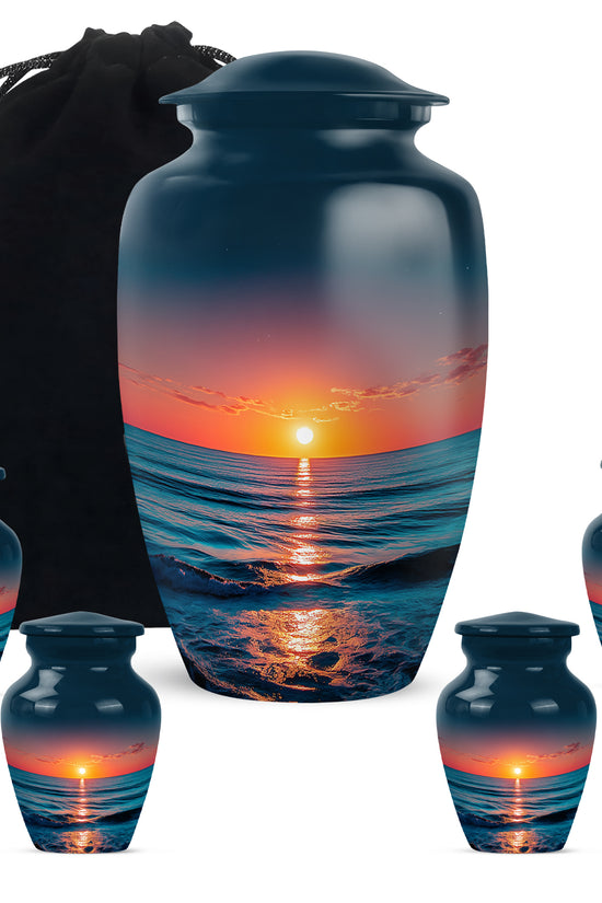 Vivid Blue Beach Cremation Urn top-down view of secure threaded lid - traditional beach engraving with hand-polished finish - memorial set with one large and four small urns
