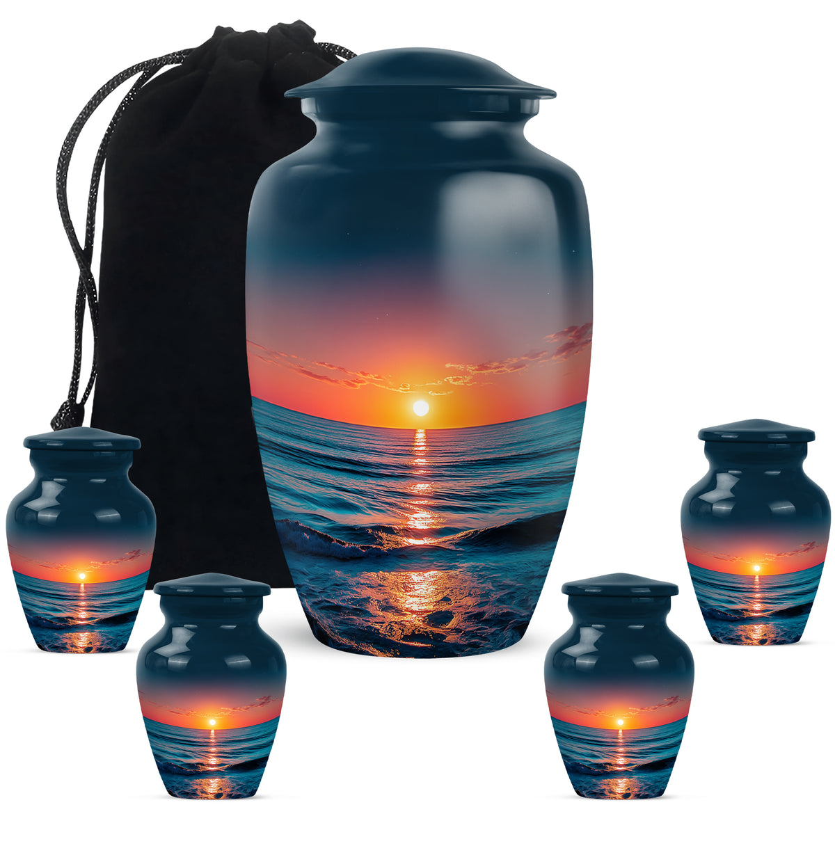 Vivid Blue Beach Cremation Urn top-down view of secure threaded lid - traditional beach engraving with hand-polished finish - memorial set with one large and four small urns