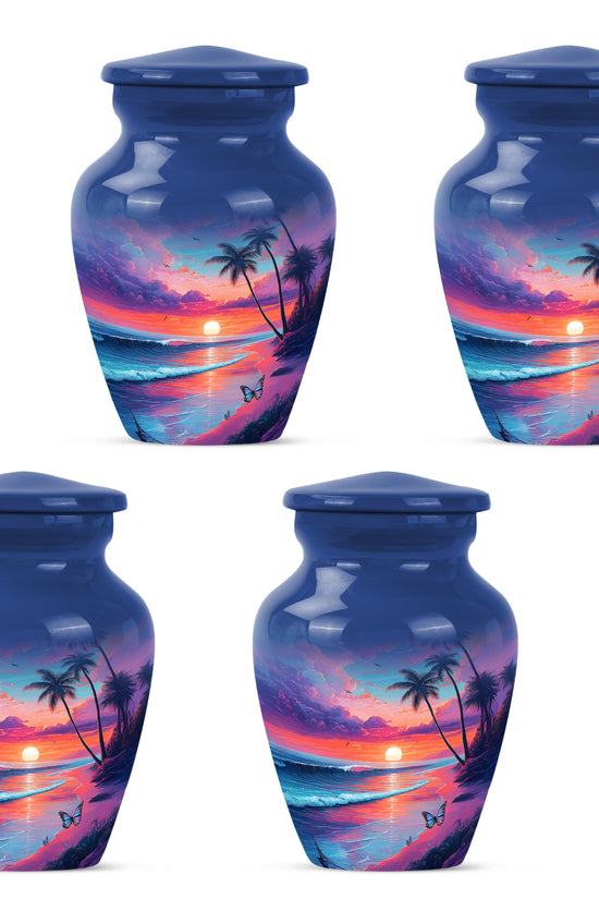 Pastel Blue Beach Cremation Urn side profile showing urn shape - classic sculpted beach pattern on smooth aluminum - 10 inch aluminum urn for cremated remains