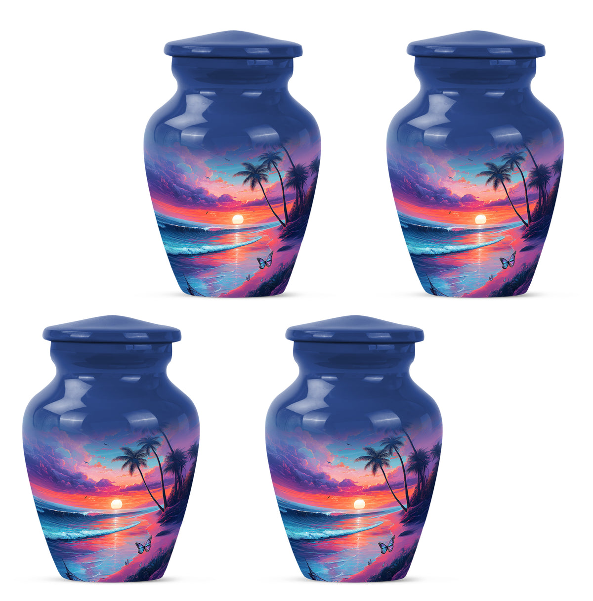 Pastel Blue Beach Cremation Urn side profile showing urn shape - classic sculpted beach pattern on smooth aluminum - 10 inch aluminum urn for cremated remains