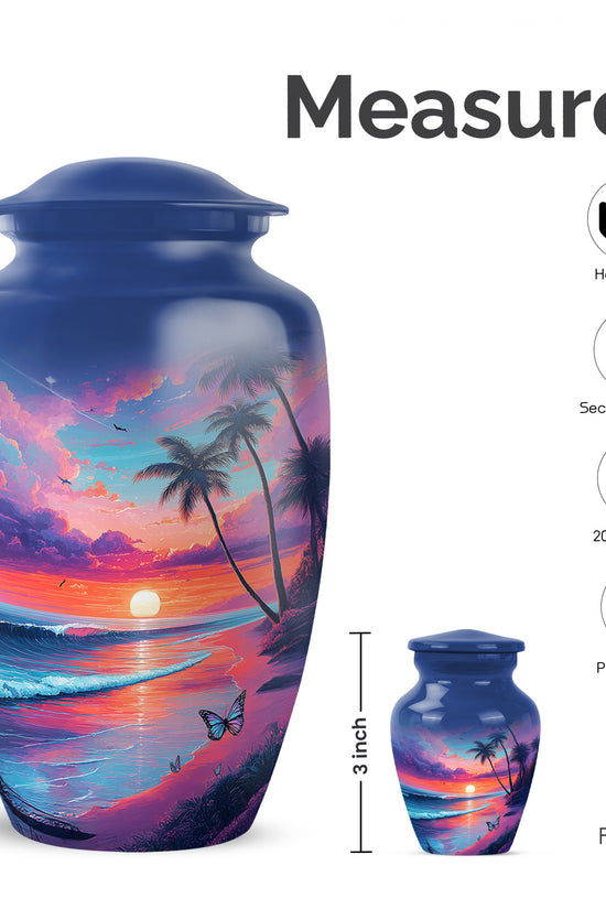 Slate Blue Beach Cremation Urn close-up of engraving and surface detail - classic sculpted beach pattern on smooth aluminum - mini keepsake memorial for portion of cremation ashes