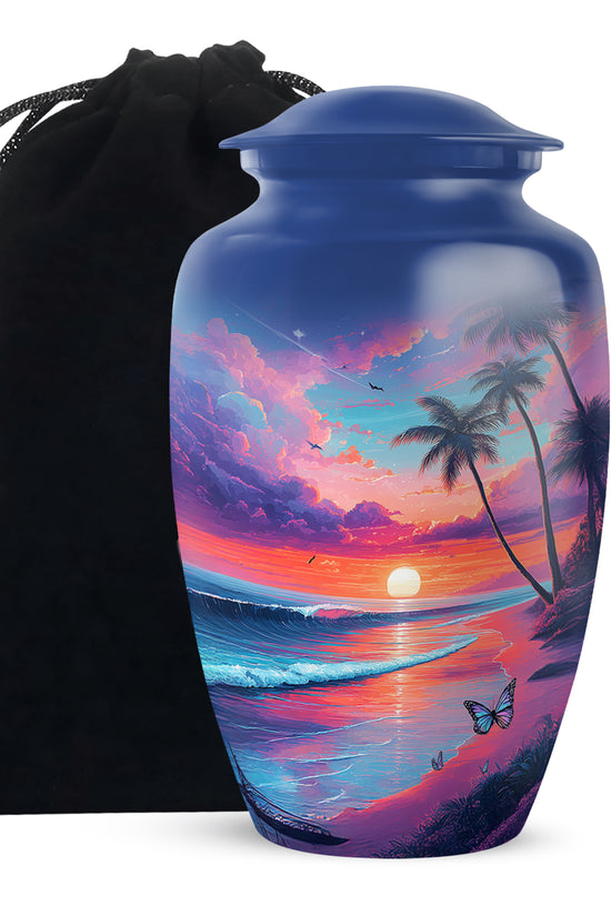 Serene Blue Beach Cremation Urn angled view of lid and engraved motif - elegant classic beach relief with fine detailing - full-size 10 inch 200 cubic inch adult cremation urn