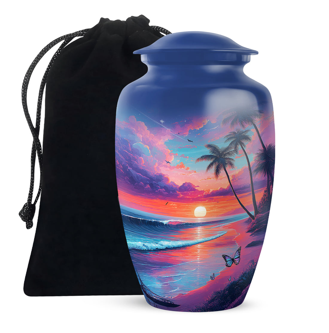 Serene Blue Beach Cremation Urn angled view of lid and engraved motif - elegant classic beach relief with fine detailing - full-size 10 inch 200 cubic inch adult cremation urn