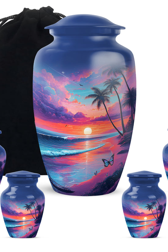 Steel Blue Beach Cremation Urn top-down view of secure threaded lid - traditional beach engraving with hand-polished finish - memorial set with one large and four small urns