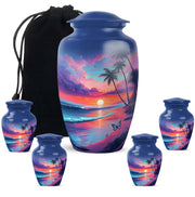 Steel Blue Beach Cremation Urn top-down view of secure threaded lid - traditional beach engraving with hand-polished finish - memorial set with one large and four small urns
