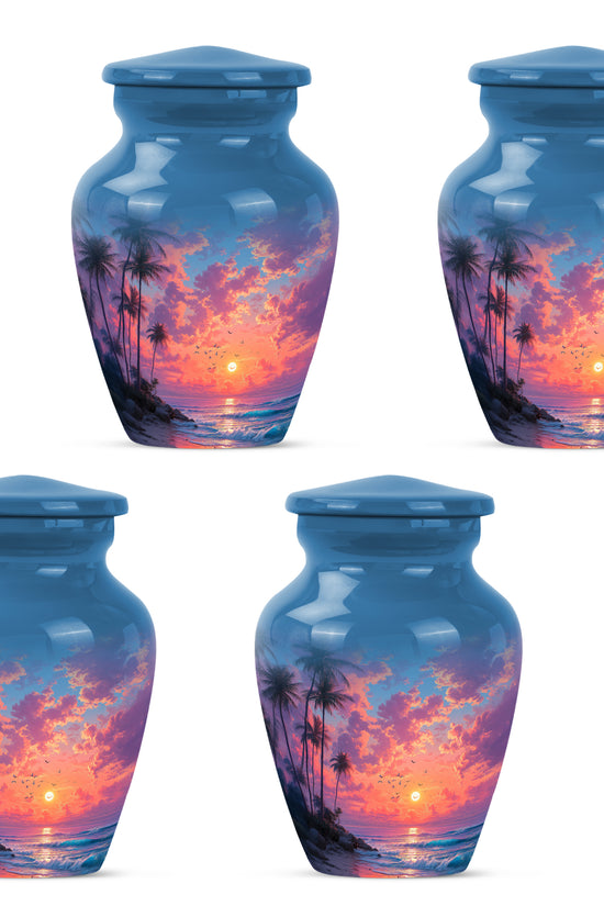 Bright Blue Beach Cremation Urn side profile showing urn shape - traditional beach engraving with hand-polished finish - 10 inch aluminum urn for cremated remains