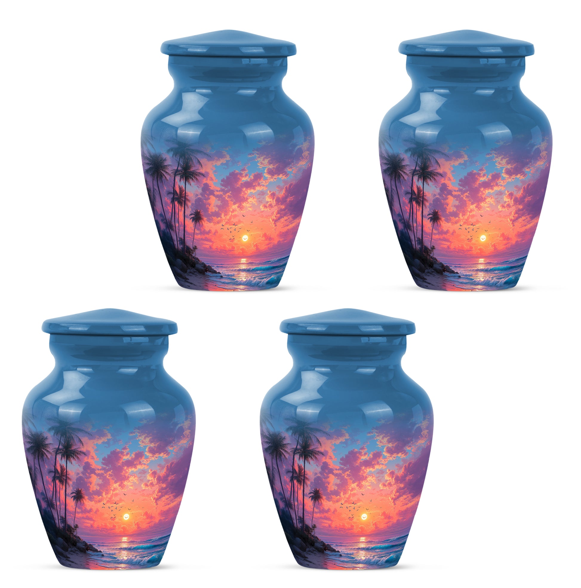 Bright Blue Beach Cremation Urn side profile showing urn shape - traditional beach engraving with hand-polished finish - 10 inch aluminum urn for cremated remains