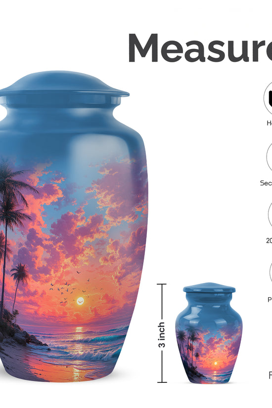 Azure Beach Cremation Urn close-up of engraving and surface detail - classic sculpted beach pattern on smooth aluminum - mini keepsake memorial for portion of cremation ashes