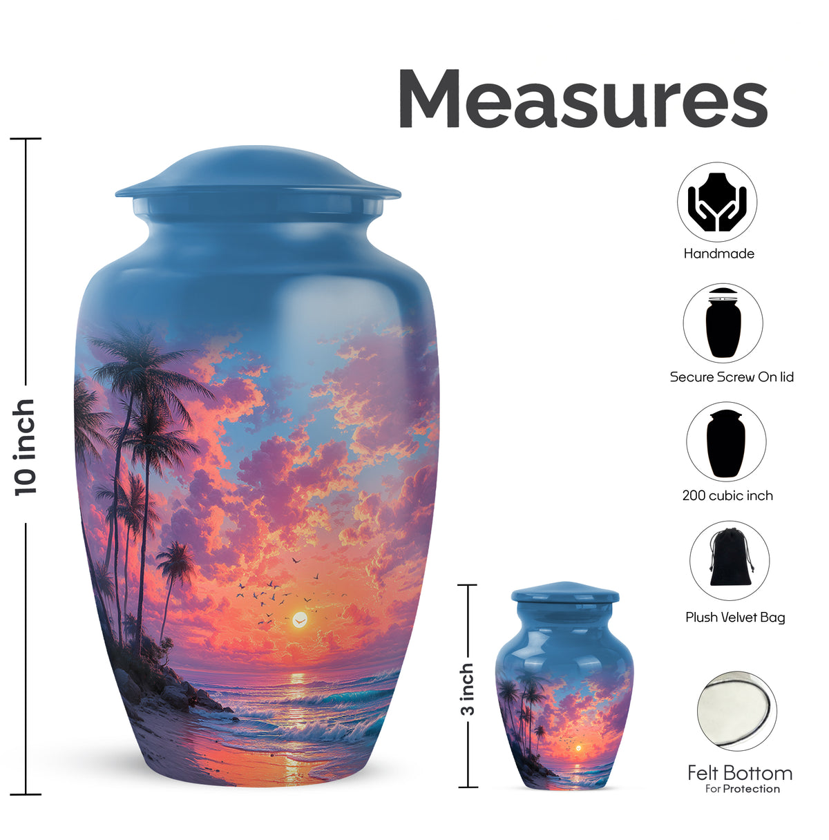 Azure Beach Cremation Urn close-up of engraving and surface detail - classic sculpted beach pattern on smooth aluminum - mini keepsake memorial for portion of cremation ashes