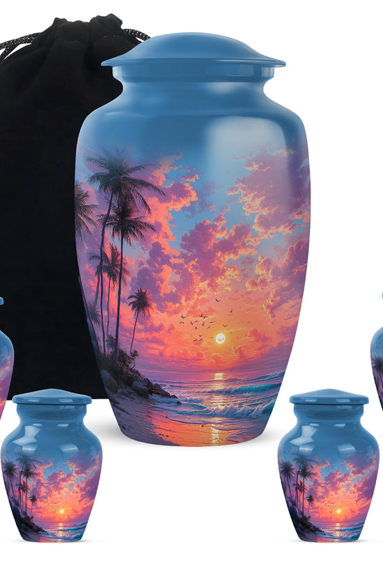 Cornflower Blue Beach Cremation Urn top-down view of secure threaded lid - elegant classic beach relief with fine detailing - memorial set with one large and four small urns