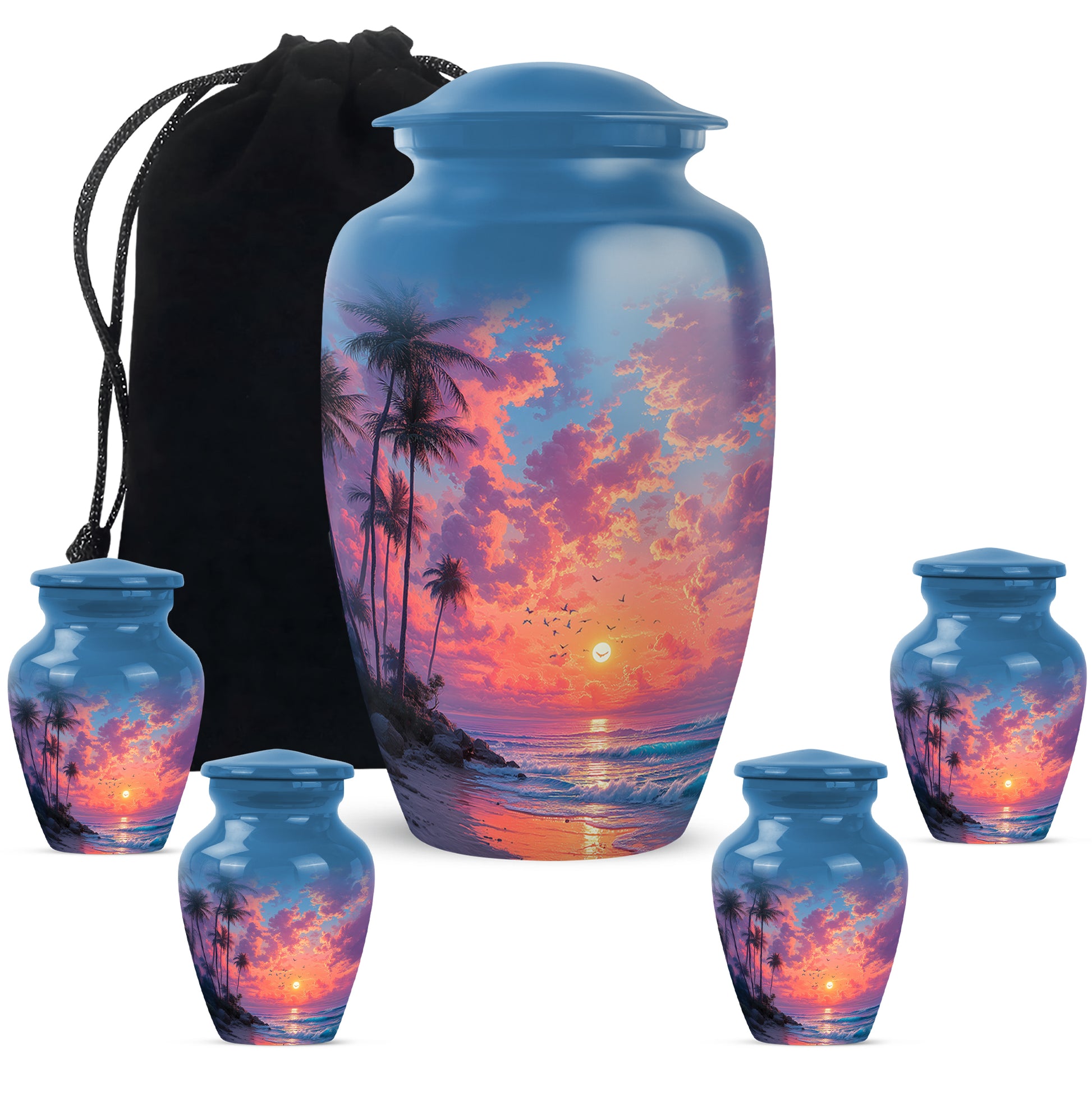 Cornflower Blue Beach Cremation Urn top-down view of secure threaded lid - elegant classic beach relief with fine detailing - memorial set with one large and four small urns