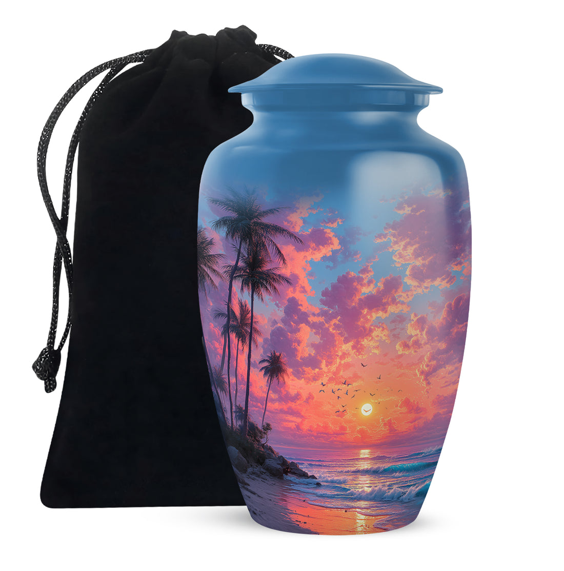 Navy Blue Beach Cremation Urn angled view of lid and engraved motif - timeless beach motif etched into premium metal - full-size 10 inch 200 cubic inch adult cremation urn