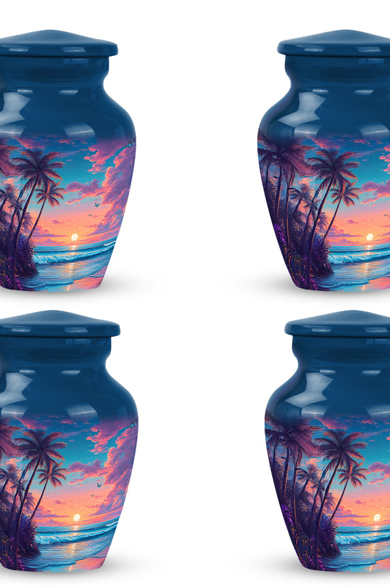 Soft Blue Beach Cremation Urn side profile showing urn shape - elegant classic beach relief with fine detailing - 10 inch aluminum urn for cremated remains