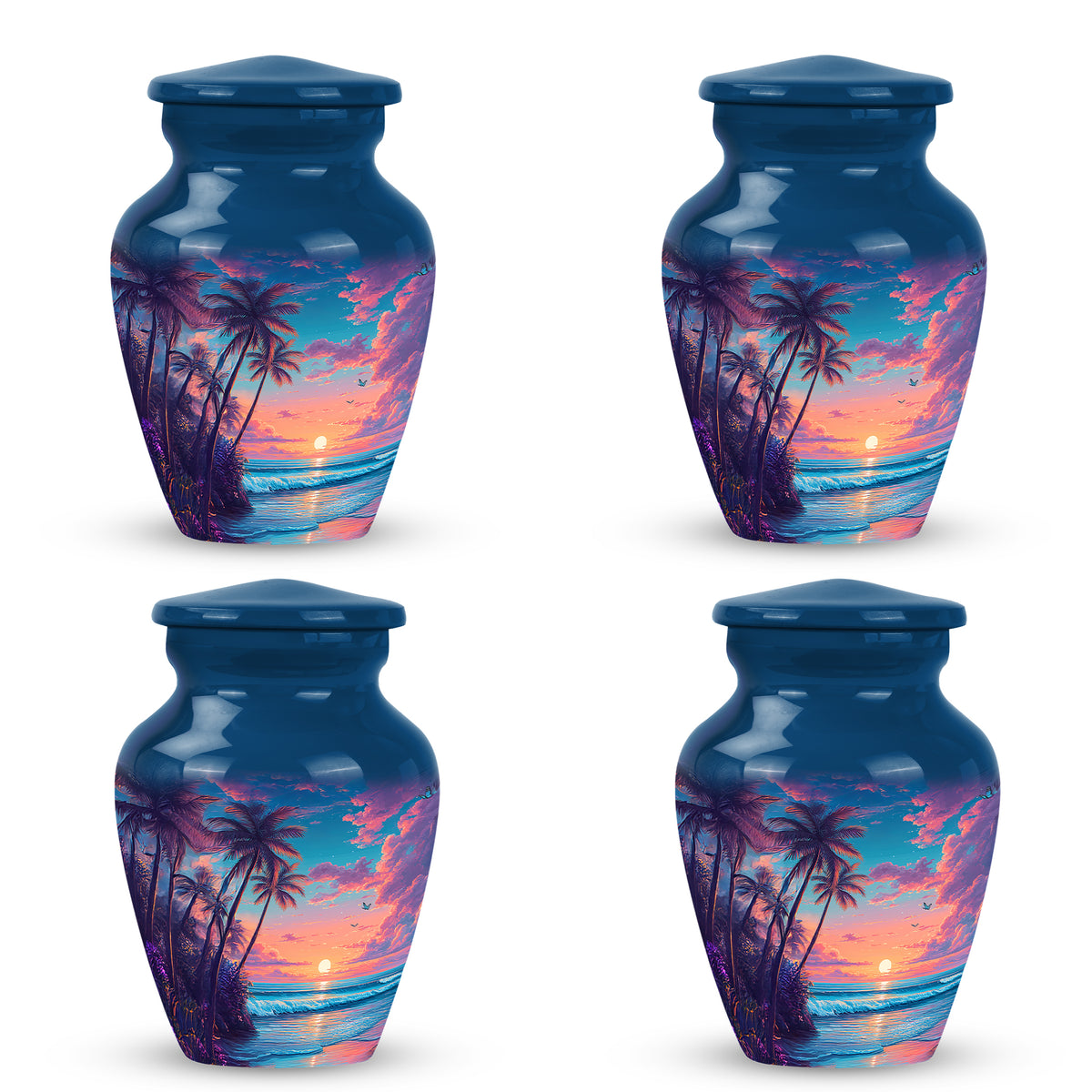 Soft Blue Beach Cremation Urn side profile showing urn shape - elegant classic beach relief with fine detailing - 10 inch aluminum urn for cremated remains
