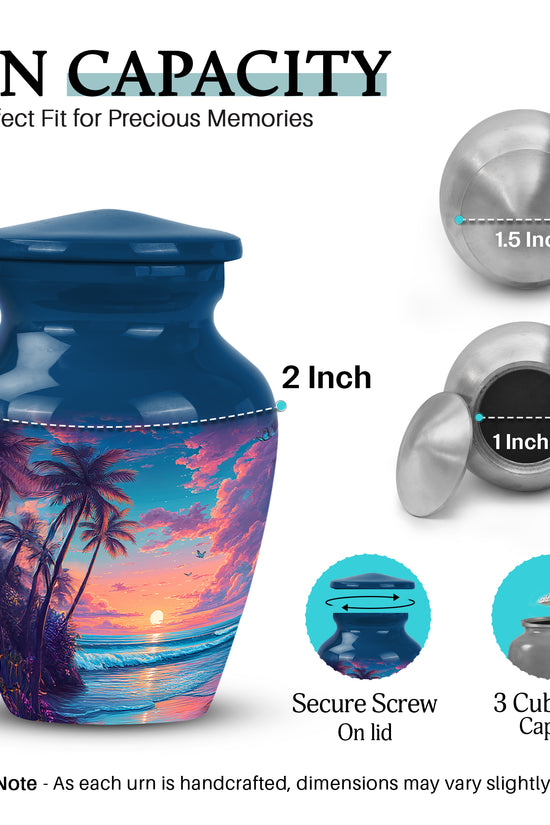 Slate Blue Beach Cremation Urn close-up of engraving and surface detail - classic sculpted beach pattern on smooth aluminum - mini keepsake memorial for portion of cremation ashes