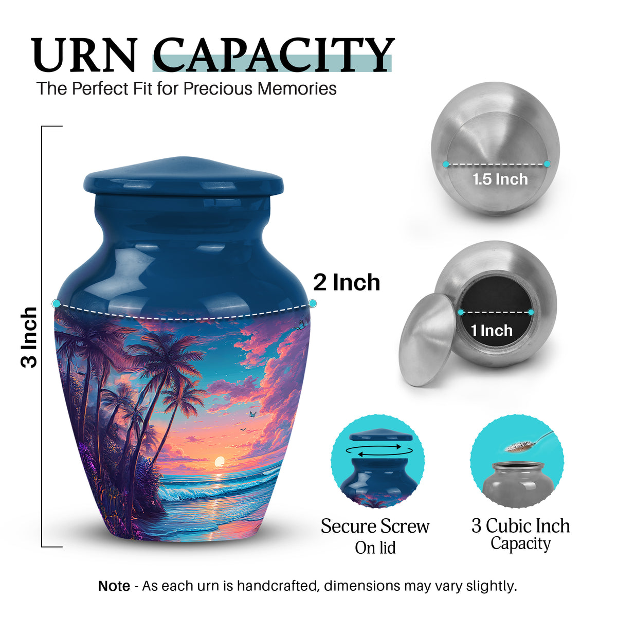 Slate Blue Beach Cremation Urn close-up of engraving and surface detail - classic sculpted beach pattern on smooth aluminum - mini keepsake memorial for portion of cremation ashes