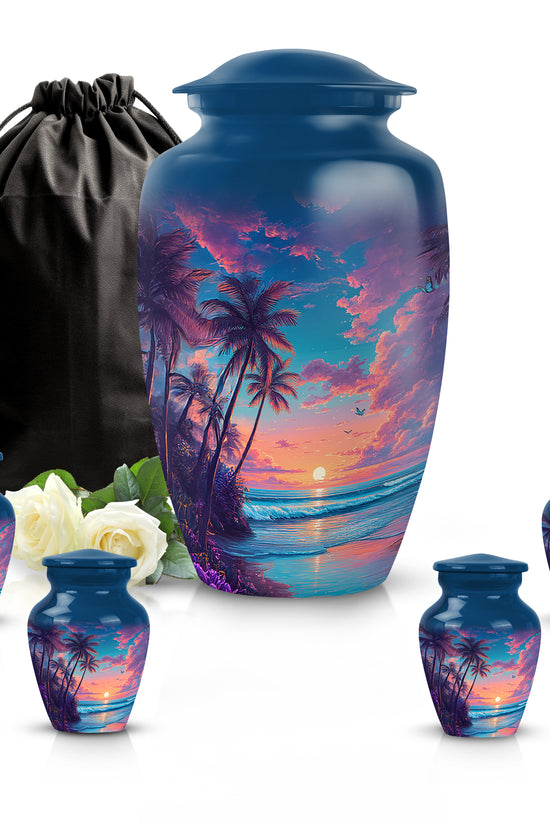 Sapphire Blue Beach Cremation Urn top-down view of secure threaded lid - traditional beach engraving with hand-polished finish - memorial set with one large and four small urns