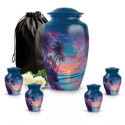 Sapphire Blue Beach Cremation Urn top-down view of secure threaded lid - traditional beach engraving with hand-polished finish - memorial set with one large and four small urns