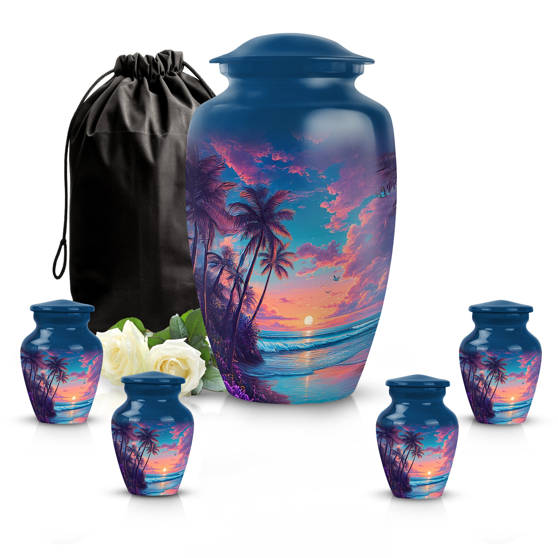 Sapphire Blue Beach Cremation Urn top-down view of secure threaded lid - traditional beach engraving with hand-polished finish - memorial set with one large and four small urns