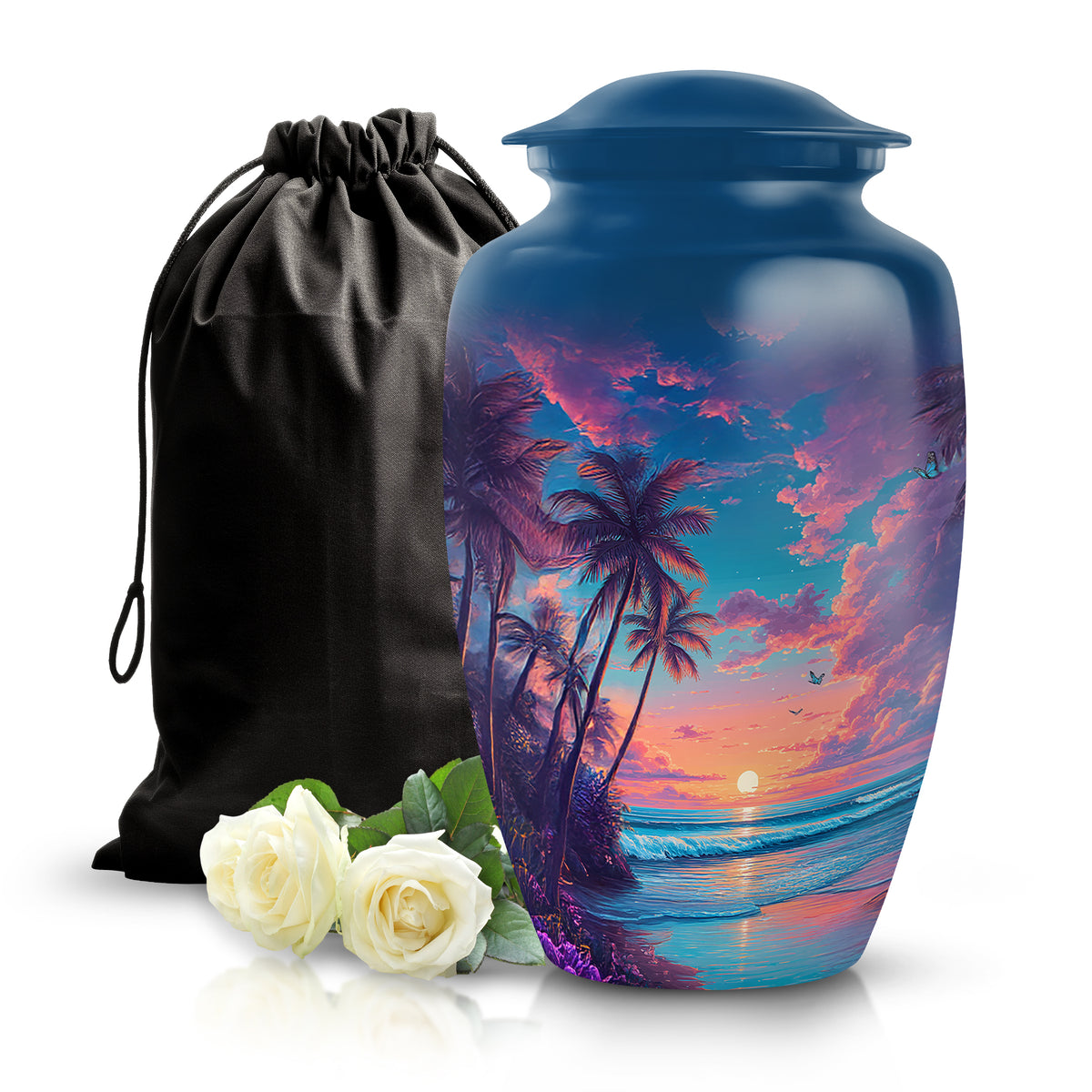 Pastel Blue Beach Cremation Urn angled view of lid and engraved motif - timeless beach motif etched into premium metal - full-size 10 inch 200 cubic inch adult cremation urn
