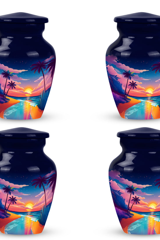 Misty Blue Beach Cremation Urn side profile showing urn shape - classic sculpted beach pattern on smooth aluminum - 10 inch aluminum urn for cremated remains