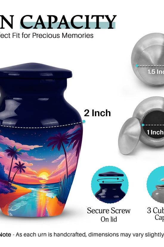 Slate Blue Beach Cremation Urn close-up of engraving and surface detail - classic sculpted beach pattern on smooth aluminum - mini keepsake memorial for portion of cremation ashes