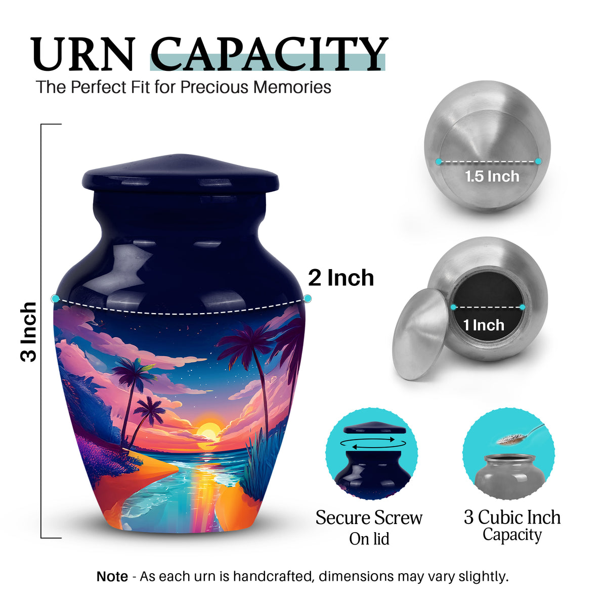 Slate Blue Beach Cremation Urn close-up of engraving and surface detail - classic sculpted beach pattern on smooth aluminum - mini keepsake memorial for portion of cremation ashes